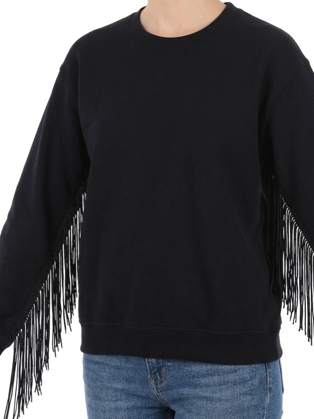 Meg "Made In Your Neighborhood" Faux Leather Fringe Crewneck Sweatshirt, Size S